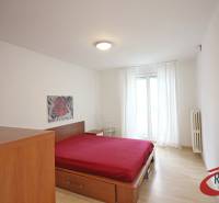 Ložnice v 3-pokojovém bytě s postelí a podlahou s dřevěným dekorem.