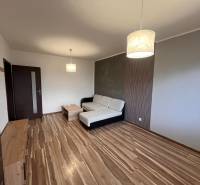 Obývací pokoj dvoupokojového bytu s podlahou s dřevěným dekorem, pohovkou a svítidlem.