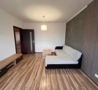 Obývací pokoj s pohovkou a podlahou s dřevěným dekorem ve 2pokojovém bytě.