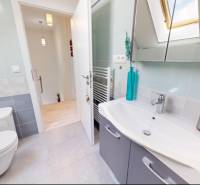 Koupelna v rodinném domě s toaletou, umyvadlem a dlažbou.