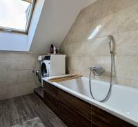 Koupelna se střešním oknem, pračkou a podlahou s dřevěným dekorem v 2-pokojovém bytě.