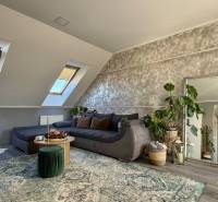 Obývací pokoj v 2pokojovém bytě s podlahou s dřevěným dekorem, rozkládací pohovkou a rostlinami.