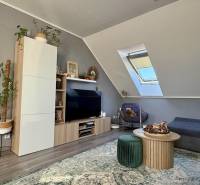 Obývací pokoj v dvoupokojovém bytě se střešním oknem, podlaha s dřevěným dekorem, pohodlný nábytek.