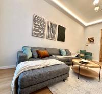 Obývací pokoj s pohovkou, podlahou s dřevěným dekorem a uměleckými díly ve 2pokojovém bytě.