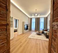 Obývací pokoj v 2pokojovém bytě s podlahou s dřevěným dekorem a cihlovou stěnou.