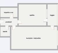 Půdorys 2-pokojového bytu s koupelnou, kuchyní, šatníkem, ložnicí a lodžií.