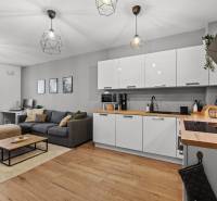 Obývací pokoj s kuchyní ve 2pokojovém bytě disponuje podlahou s dřevěným dekorem a sedačkou.