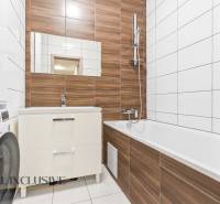 Koupelna v 2-pokojovém bytě s vanou, umyvadlem a pračkou. Využití dřevěného dekoru.
