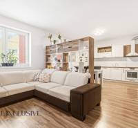 Obývací pokoj v 2-pokojovém bytě s velkou sedačkou a kuchyní, podlaha s dřevěným dekorem.