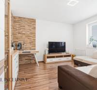 Obývací pokoj s podlahou s dřevěným dekorem, TV a krémovou sedačkou v 2pokojovém bytě.