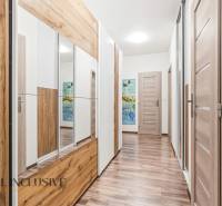 Chodba v 2-pokojovém bytě s podlahou s dřevěným dekorem a zrcadlovou skříní.