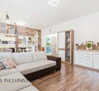 Obývací pokoj dvoupokojového bytu s béžovou sedačkou a podlahou s dřevěným dekorem.