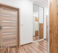 Chodba v 2-pokojovém bytě s podlahou s dřevěným dekorem a zrcadlovou skříní.