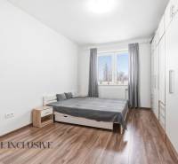 Ložnice v dvoupokojovém bytě s podlahou s dřevěným dekorem, bílými skříněmi a šedými detaily.