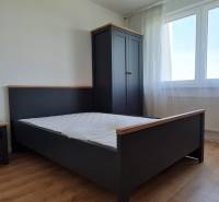 Ložnice s postelí, šatní skříní a podlahou s dřevěným dekorem v 2-pokojovém bytě.