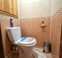 Koupelna v 2-pokojovém bytě s keramickými obklady a toaletou.