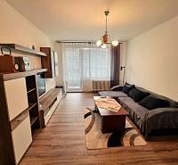 Obývací pokoj v 2pokojovém bytě s podlahou s dřevěným dekorem a pohovkou.