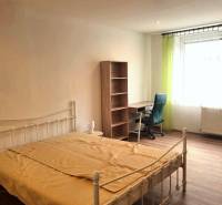 Ložnice s postelí, stolem, policí a podlahou s dřevěným dekorem v 2-pokojovém bytě.