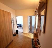 Chodba v 2-pokojovém bytě s věšákem a podlahou s dřevěným dekorem.