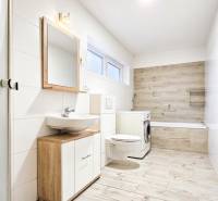 Koupelna v rodinném domě s podlahou s dřevěným dekorem a pračkou.