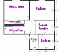 Půdorys rodinného domu s místnostmi: obývací pokoj, kuchyň, pokoje, koupelna, spíž.