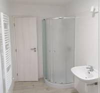 Koupelna v rodinném domě s bílým sprchovým koutem a světlou podlahou s dřevěným dekorem.