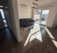 Obývací pokoj v rodinném domě s klimatizací a velkým oknem, podlaha s dřevěným dekorem.