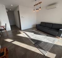 Obývací pokoj v rodinném domě s šedou sedačkou a závěsným osvětlením.