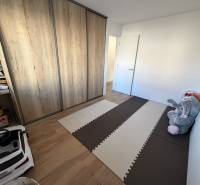 Dětský pokoj v rodinném domě s podlahou s dřevěným dekorem a velkou vestavěnou skříní.