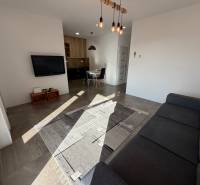 Obývací pokoj v rodinném domě s pohovkou, TV a kuchyní, podlaha s dřevěným dekorem.