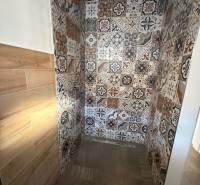 Sprchový kout v rodinném domě s barevnými obkladačkami a podlahou s dřevěným dekorem.