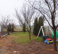 Zahrada rodinného domu ve Vizsoly se stromy a dětskou houpačkou na trávníku.