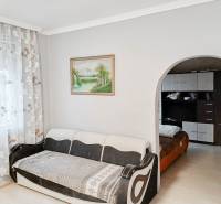 Světlý obývací pokoj s pohovkou, velkým obloukovým průchodem a závěsy s květinovým vzorem.