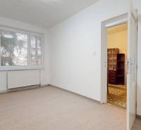 Pokoj ve 4-pokojovém bytě, bílé stěny, kobercová podlaha, velké okno a dveře.