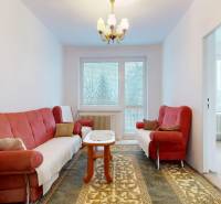 Obývací pokoj ve 4pokojovém bytě s červenými pohovkami a vzorovaným kobercem.