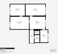 Půdorys 4pokojového bytu s kuchyní, obývacím pokojem, ložnicemi a dvěma koupelnami.