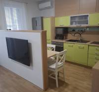 Kuchyně v 2-pokojovém bytě se zelenými skříňkami, televizorem a stolem se dvěma židlemi.