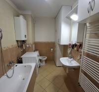 Koupelna v 2-pokojovém bytě s vanou, pračkou a zásobníkem teplé vody.