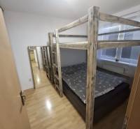 Dřevěná patrová postel v 2pokojovém bytě s podlahou s dřevěným dekorem.