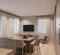 Jednoduchý interiér 1-pokojového bytu s kuchyní a obývací zónou, podlaha s dřevěným dekorem.