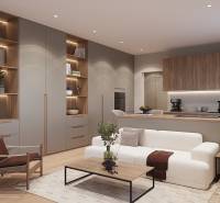 Světlý obývací prostor v 1-pokojovém bytě s podlahou s dřevěným dekorem a vestavěnou knihovnou.