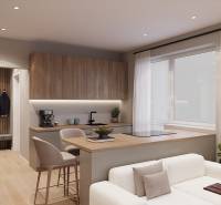 Interiér 1-pokojového bytu s podlahou s dřevěným dekorem a kuchyňským koutem.