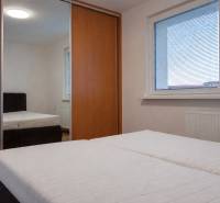 Ložnice v 3pokojovém bytě s velkým oknem, vestavěnou skříní a postelí.