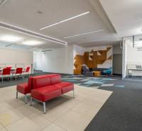 Kanceláře s červenými sedačkami, konferenčním stolem, vzorovaným kobercem a dřevěnými dekoracemi.