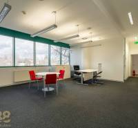 Kanceláře s černým kobercem, červenými židlemi a velkými okny v přízemí.