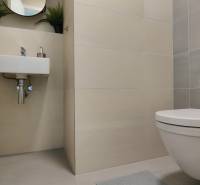 Koupelna dvoupokojového bytu se závěsnou toaletou, umyvadlem a bílými dlaždicemi.