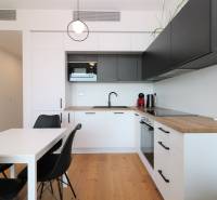 Kuchyně v 2-pokojovém bytě s podlahou s dřevěným dekorem a černými skříňkami.