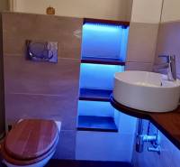 Koupelna ve 3-pokojovém bytě se závěsným WC, umyvadlem, podsvícenou policí a dřevěným dekorem.