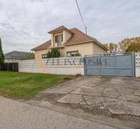 Rodinný dům ve Velkých Dvorníkách s velkou zahradou, stromy a betonovým chodníkem.