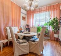 Jídelna v rodinném domě, závity na stěně, pokojové rostliny, podlaha s dřevěným dekorem.